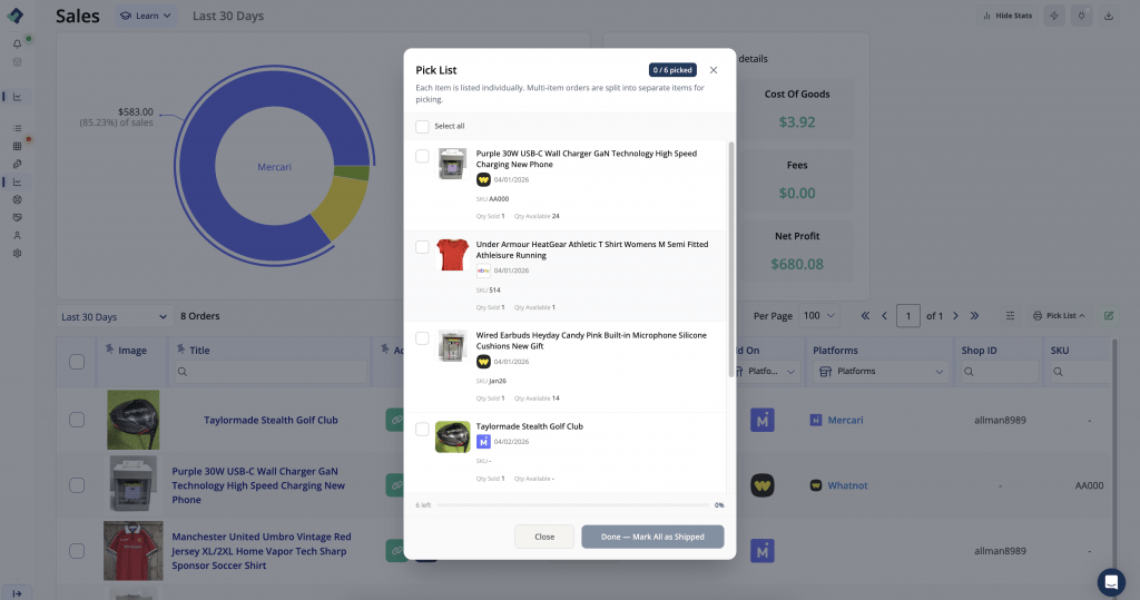 Desktop view of digital pick list.